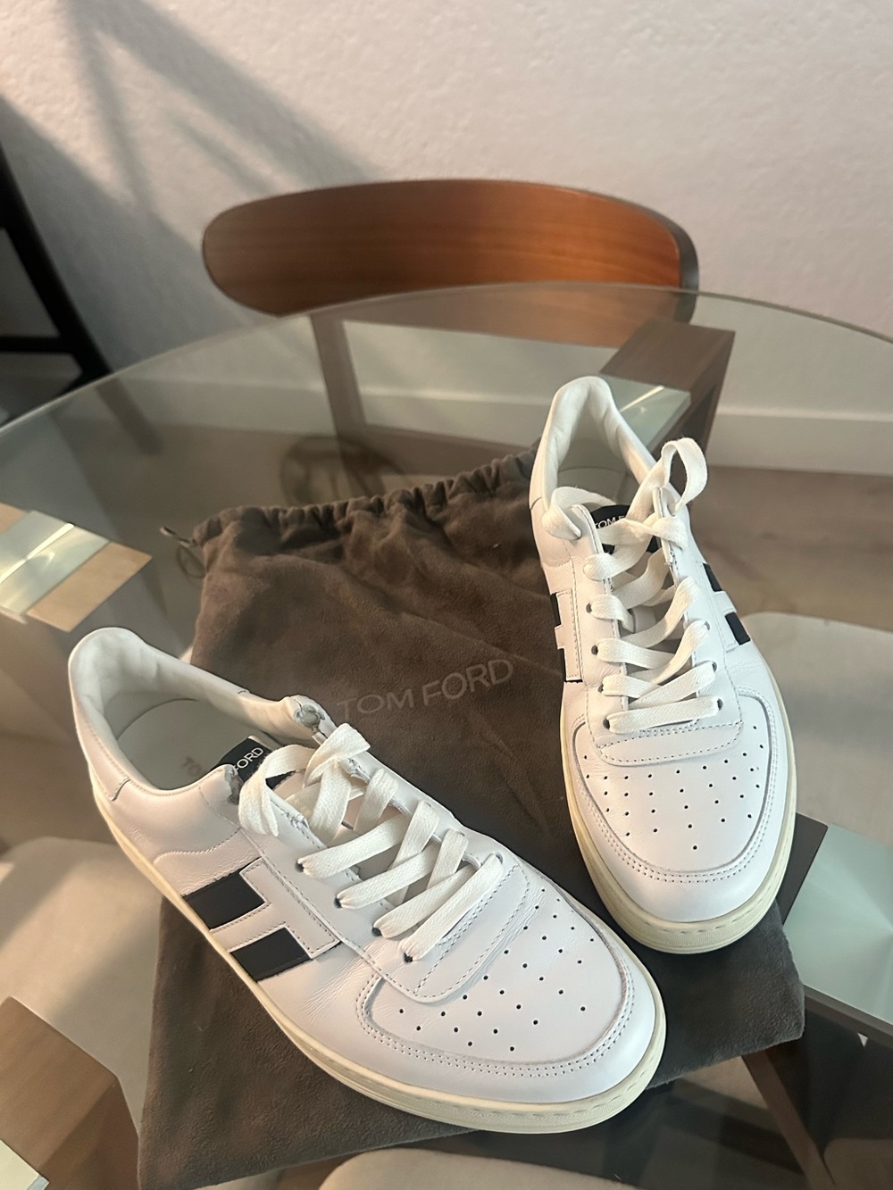 Tom Ford White Leather Sneakers with Black Side Stripes